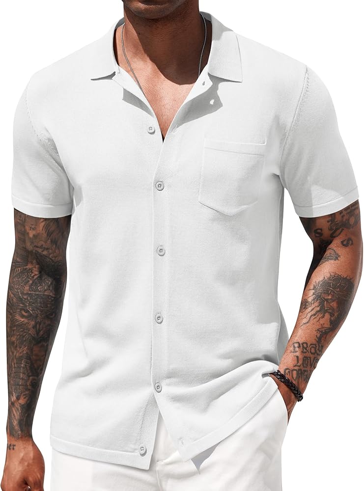 COOFANDY Mens Short Sleeve Knit Shirts Button Down Vintage Polo Casual Beach Shirts
