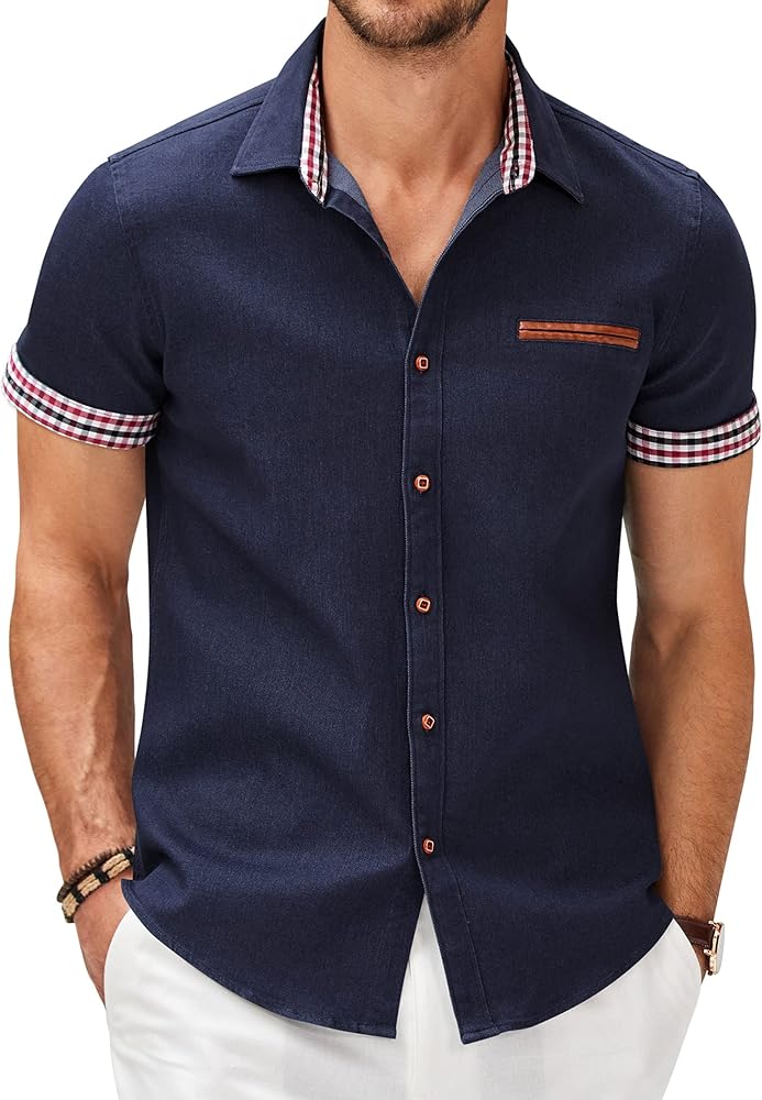 COOFANDY Men's Casual Short Sleeve Button Down Dress Shirt Denim Work Shirts